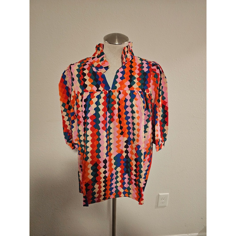 Womens Multi Color Geometric Print Ruffle Neck Puff Sleeve Empire Waist Blouse M